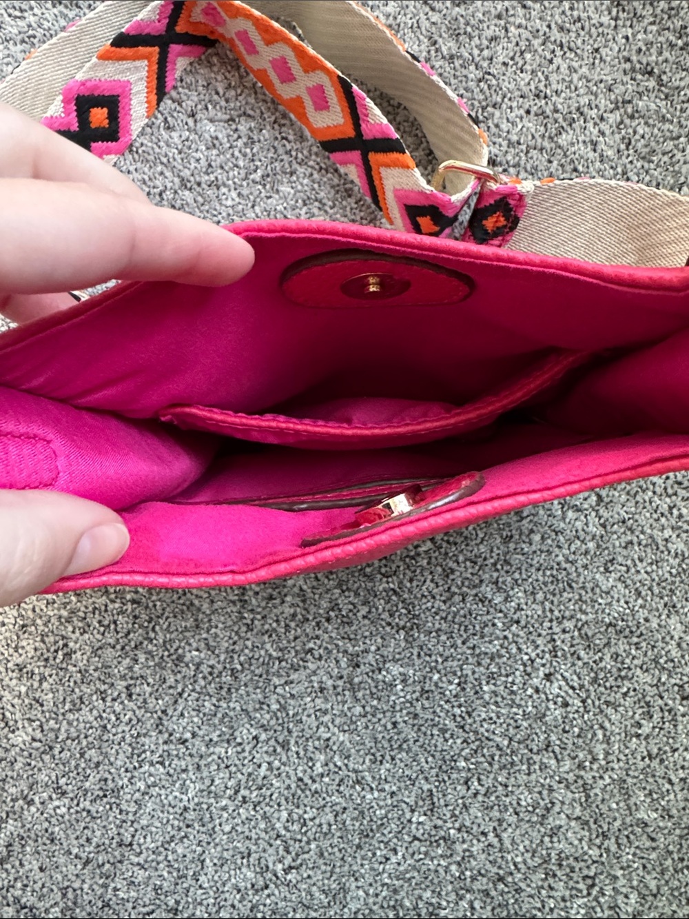 Hot Pink Leather Crossbody Bag with Colorful Strap - Picture 3 of 4